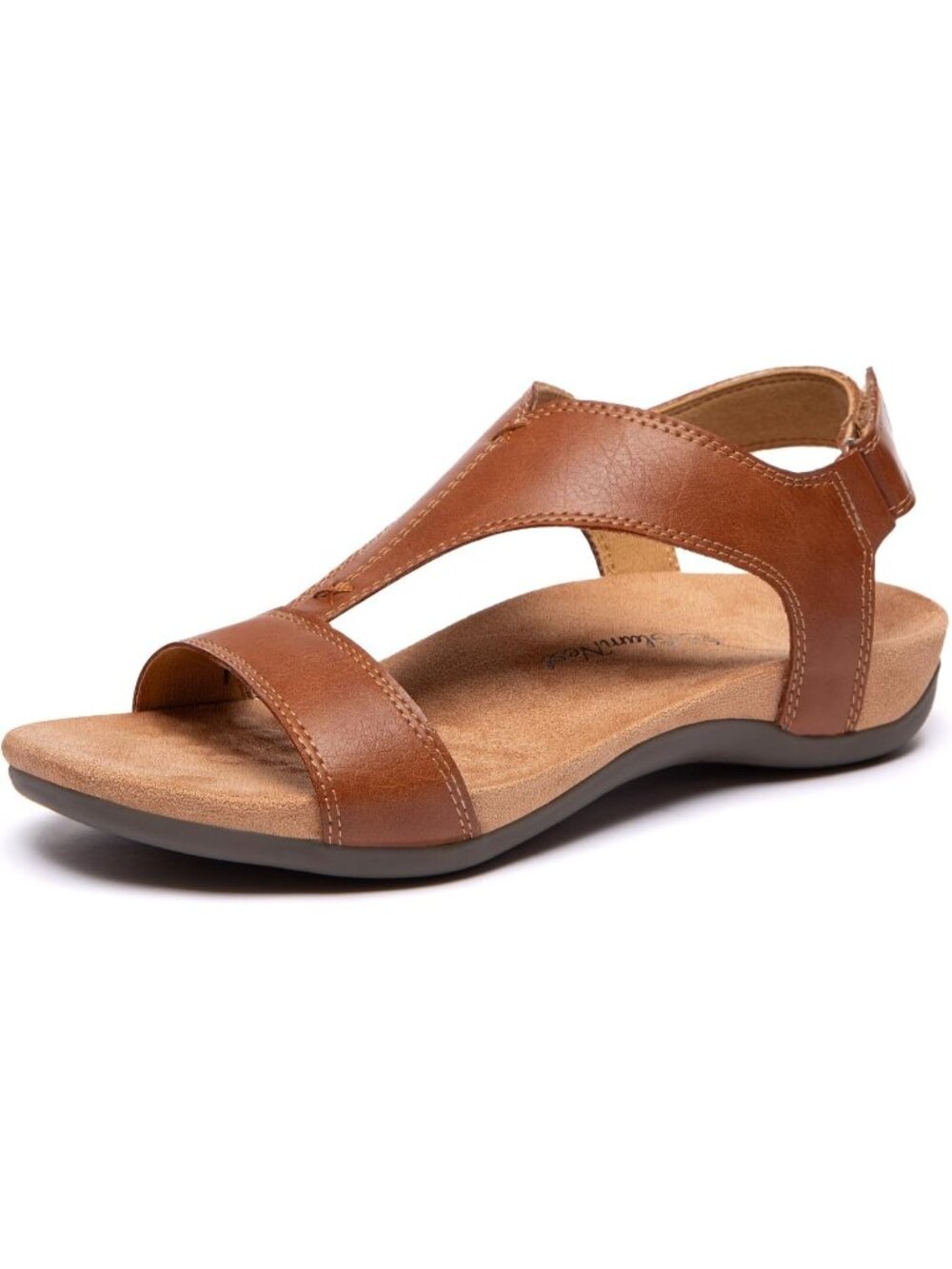 Women's Caramel Summer Open Toe T-Strap Orthopedic Adjustable Straps Flat Sandal